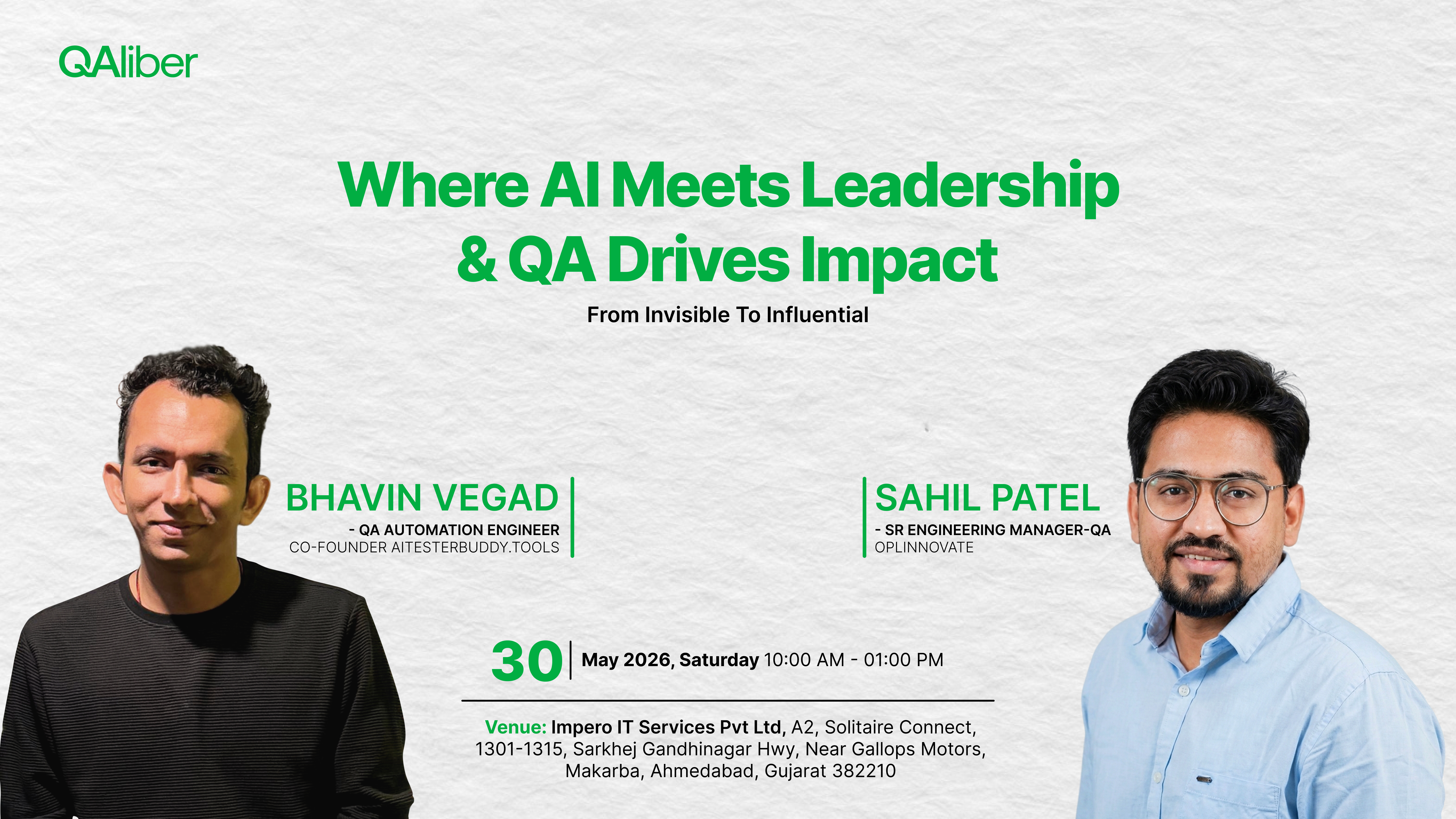 Where AI Meets Leadership & QA Drives Impact — event poster with Bhavin Vegad and Sahil Patel